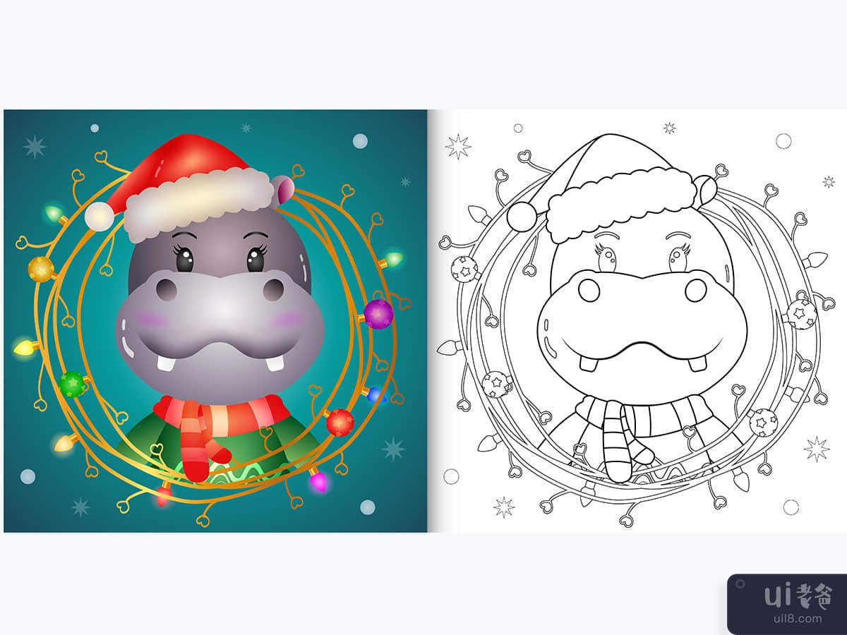 coloring book with a cute hippo with twigs decoration christmas