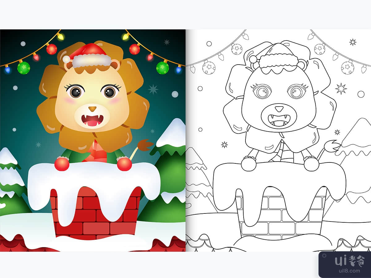 coloring for kids with a cute lion using santa hat and scarf in chimney