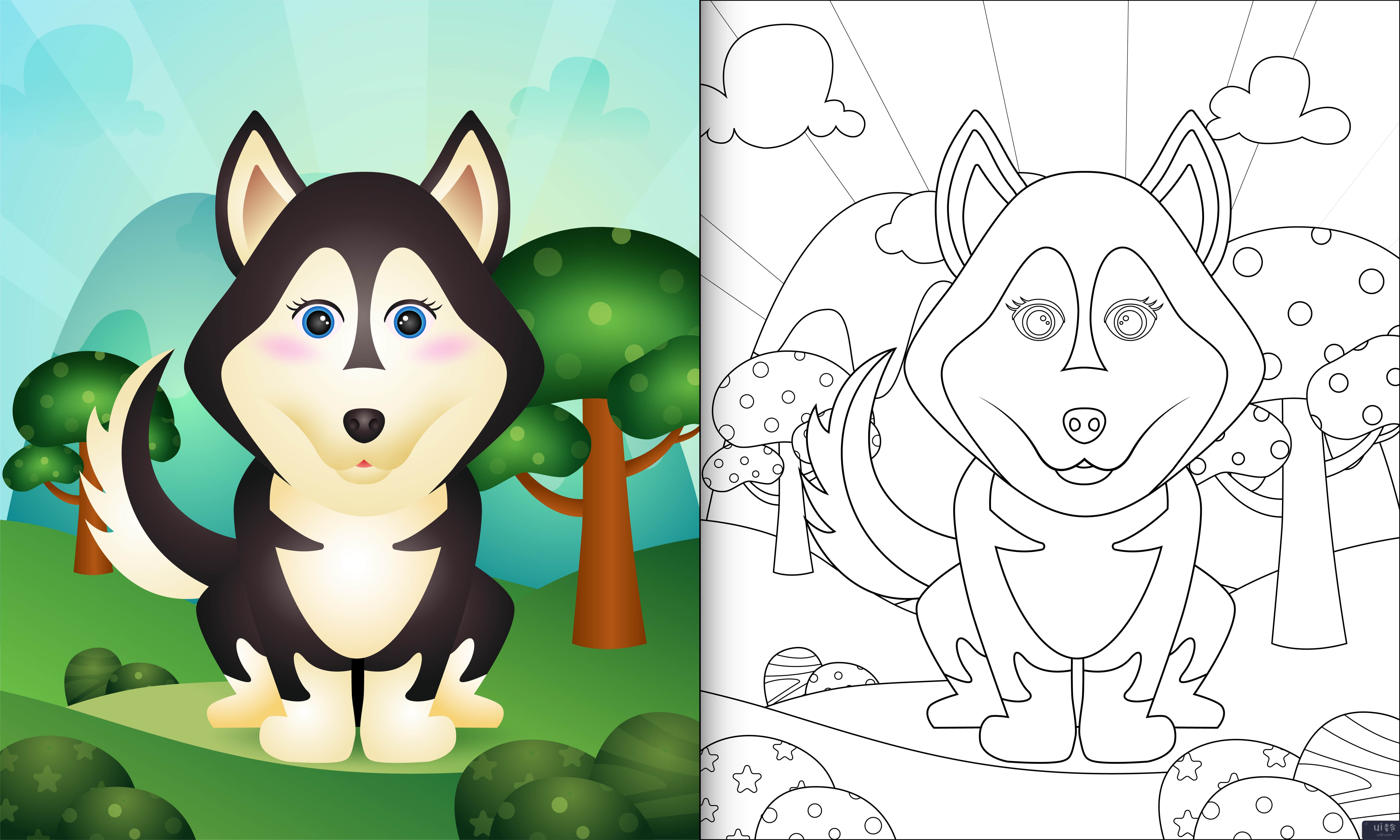 带有可爱哈士奇狗角色插图的儿童着色书(coloring book for kids with a cute husky dog character illustration)插图2