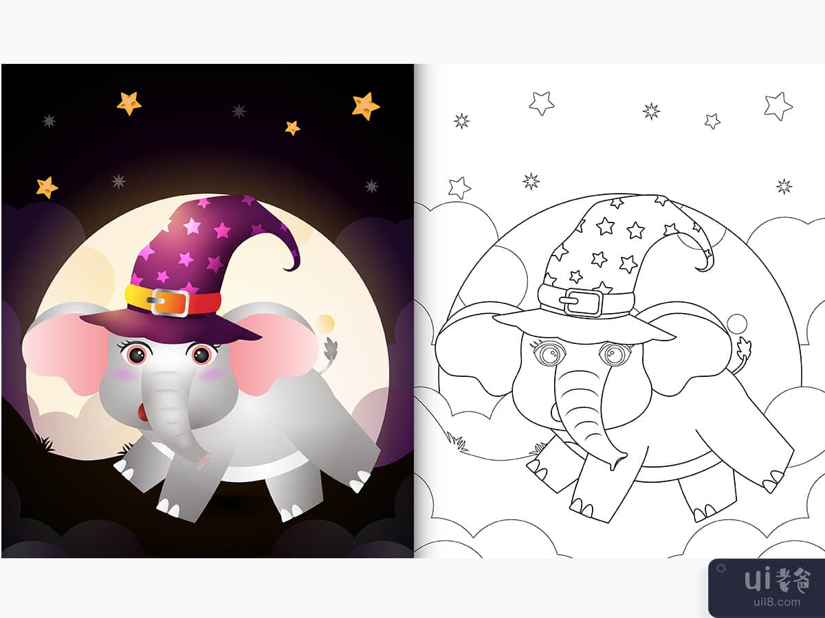 coloring book with a cute cartoon halloween witch elephant front the moon