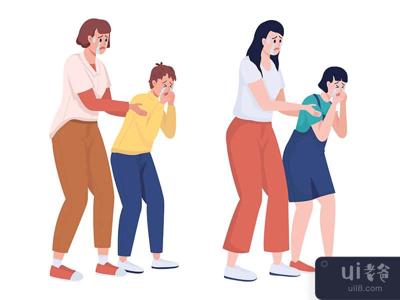 Crying mothers with children semi flat color vector characters set