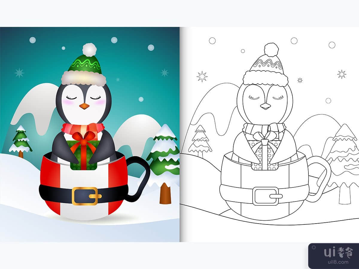 coloring book with a cute penguin christmas characters in the santa cup