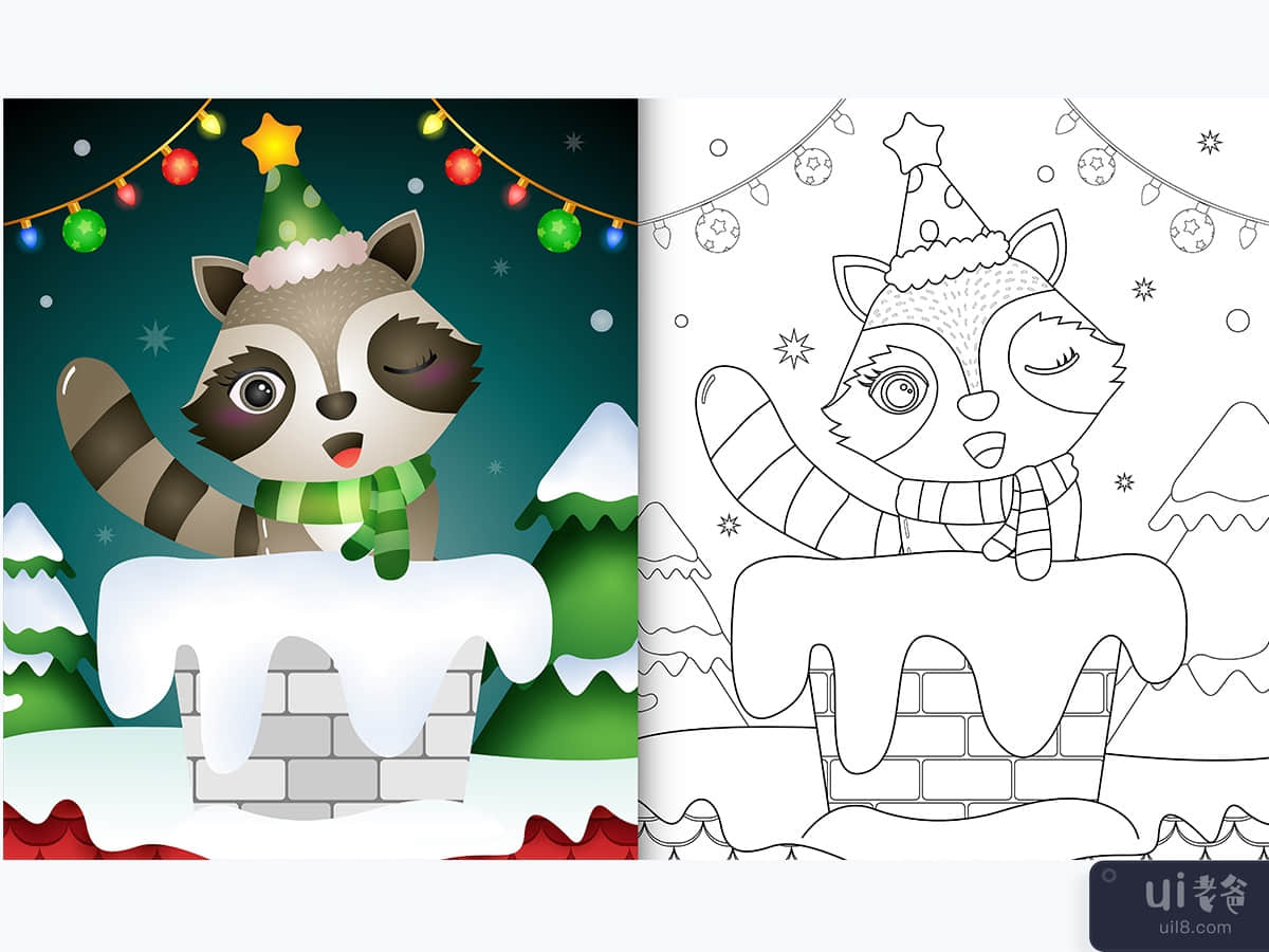 coloring book for kids with a cute raccoon using hat and scarf in chimney