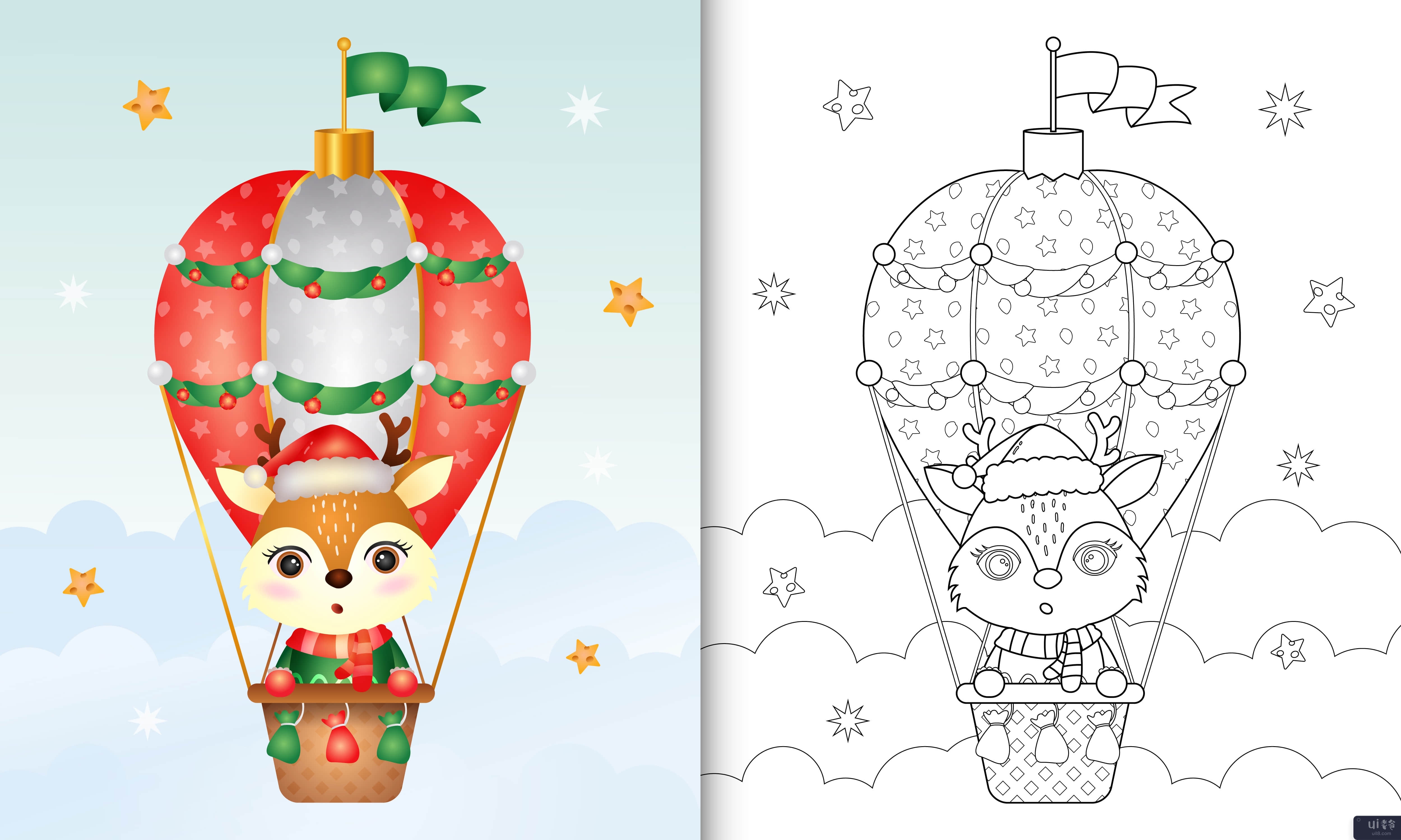 用热气球上可爱的鹿圣诞人物着色书(coloring book with a cute deer christmas characters on hot air balloon)插图2