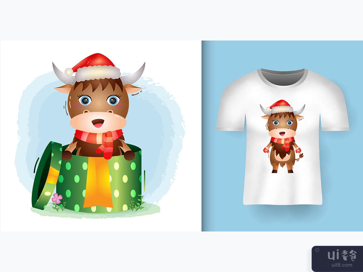 cute buffalo christmas characters using santa hat with t-shirt design