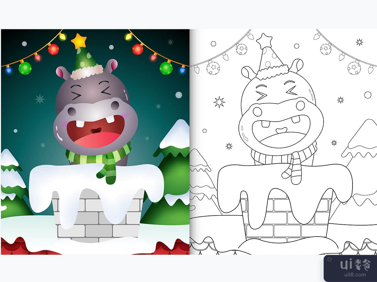 coloring book for kids with a cute hippo using santa hat and scarf in chimney