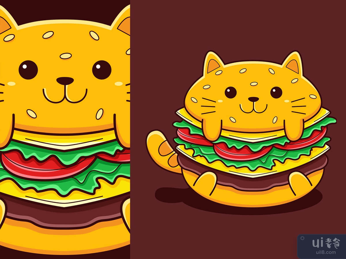 Cute Burger Cat Vector Cartoon Style