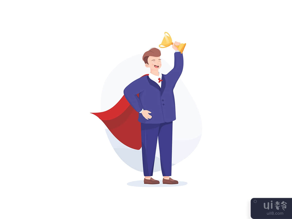 Businessman in a red cloak holding winner cup. Superhero of business.