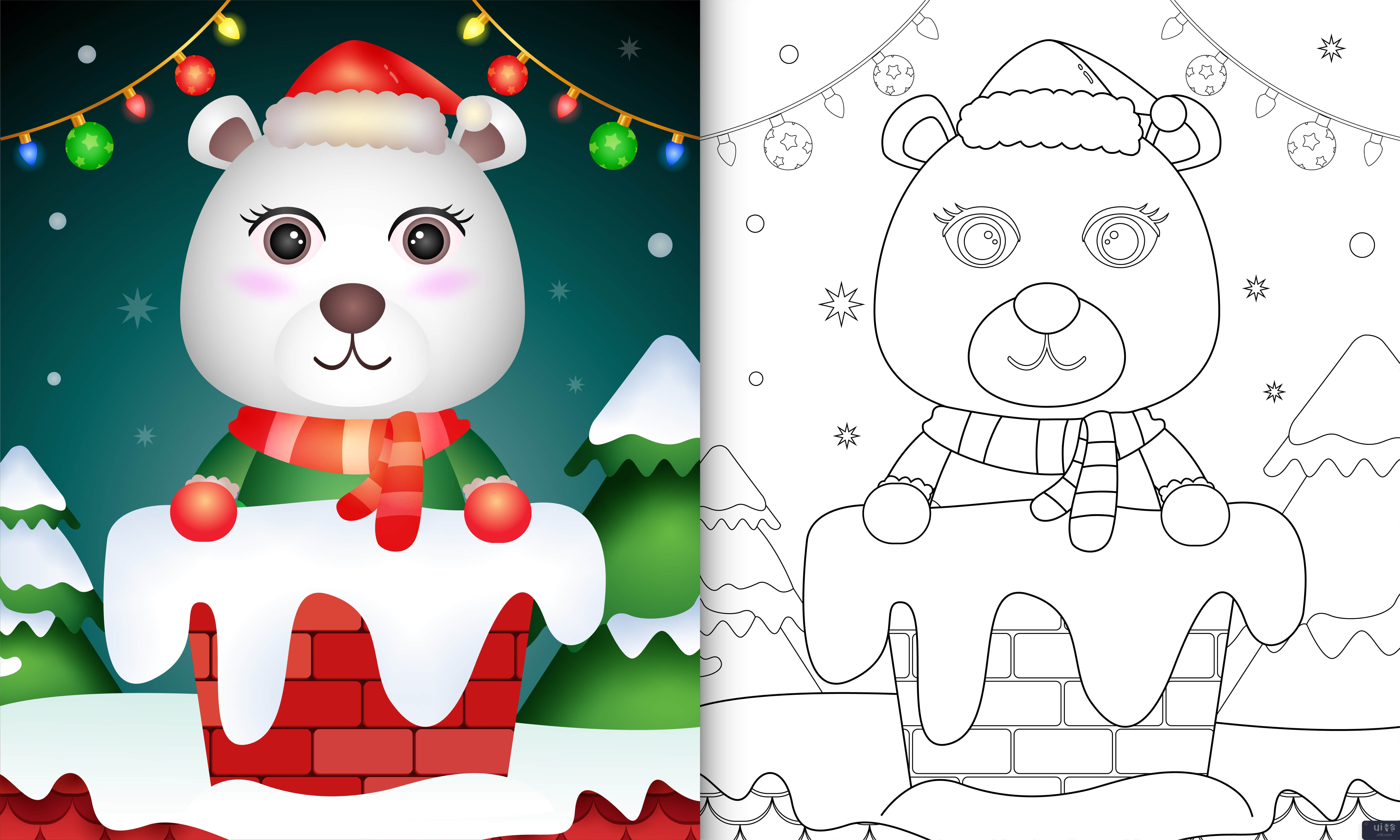 烟囱里有一只可爱的北极熊的孩子们的着色(coloring for kids with a cute polar bear in chimney)插图2