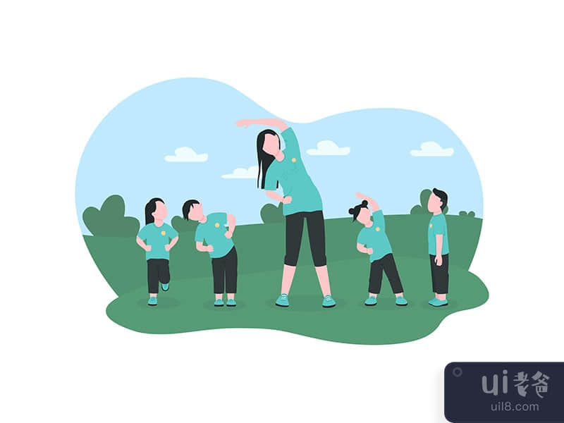 Children exercise with preschool teacher 2D vector web banner, poster