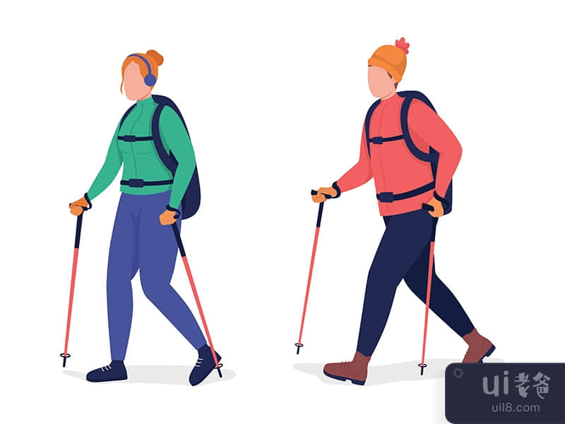 Adults hiking in winter semi flat color vector character set