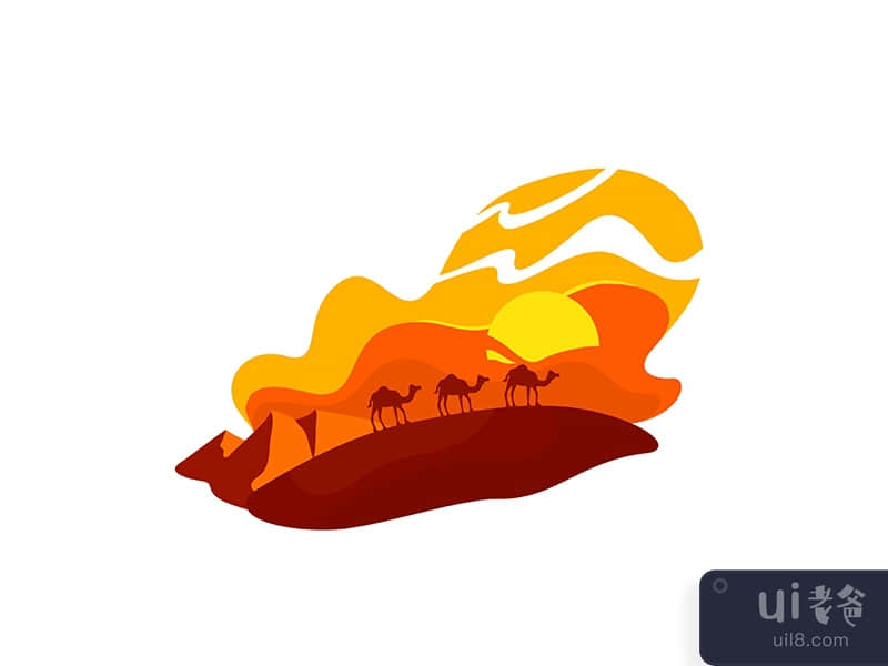 Camels walk in dunes 2D vector web banner, poster