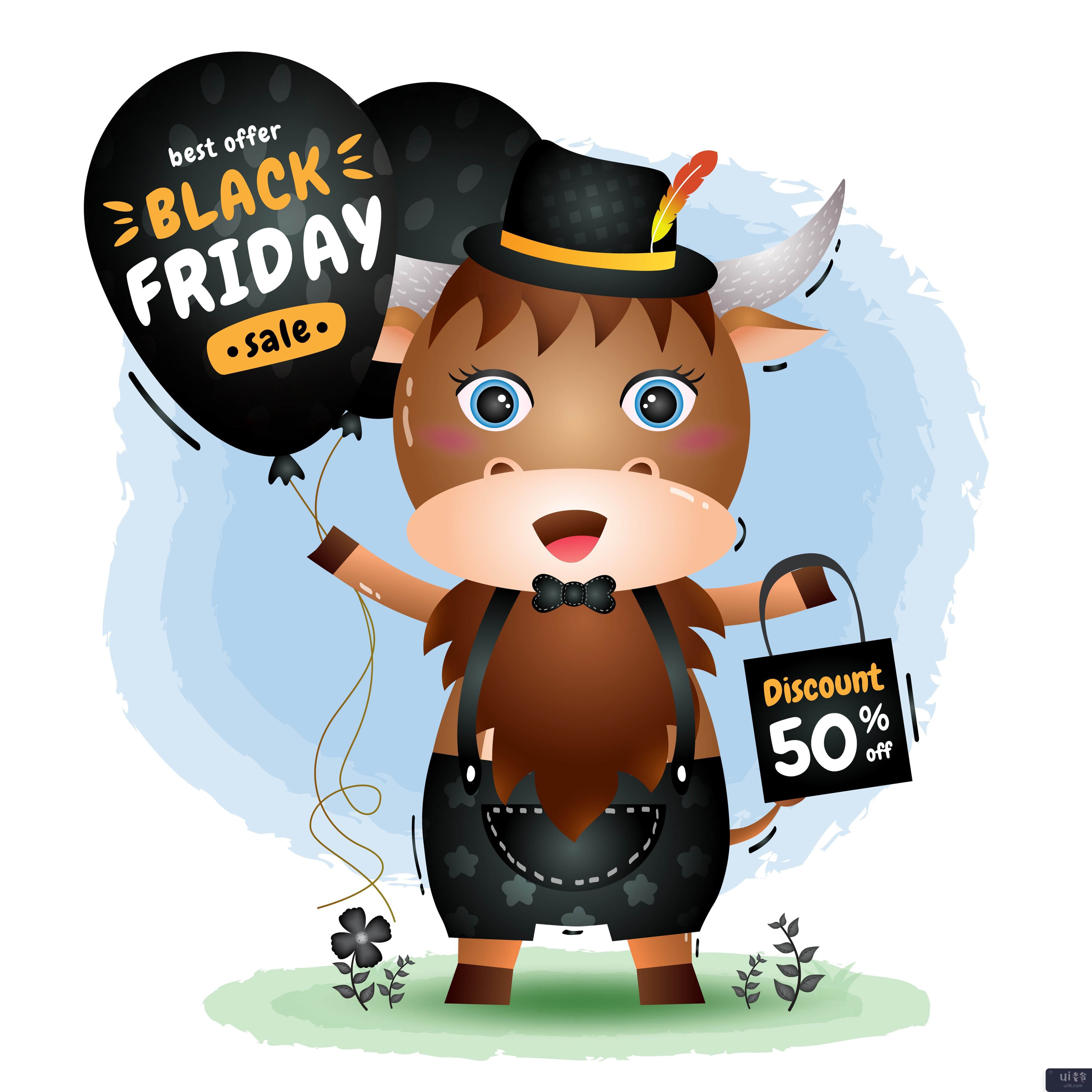 黑色星期五促销活动，提供可爱的水牛气球促销(Black friday sale with a cute buffalo hold balloon promotion)插图2