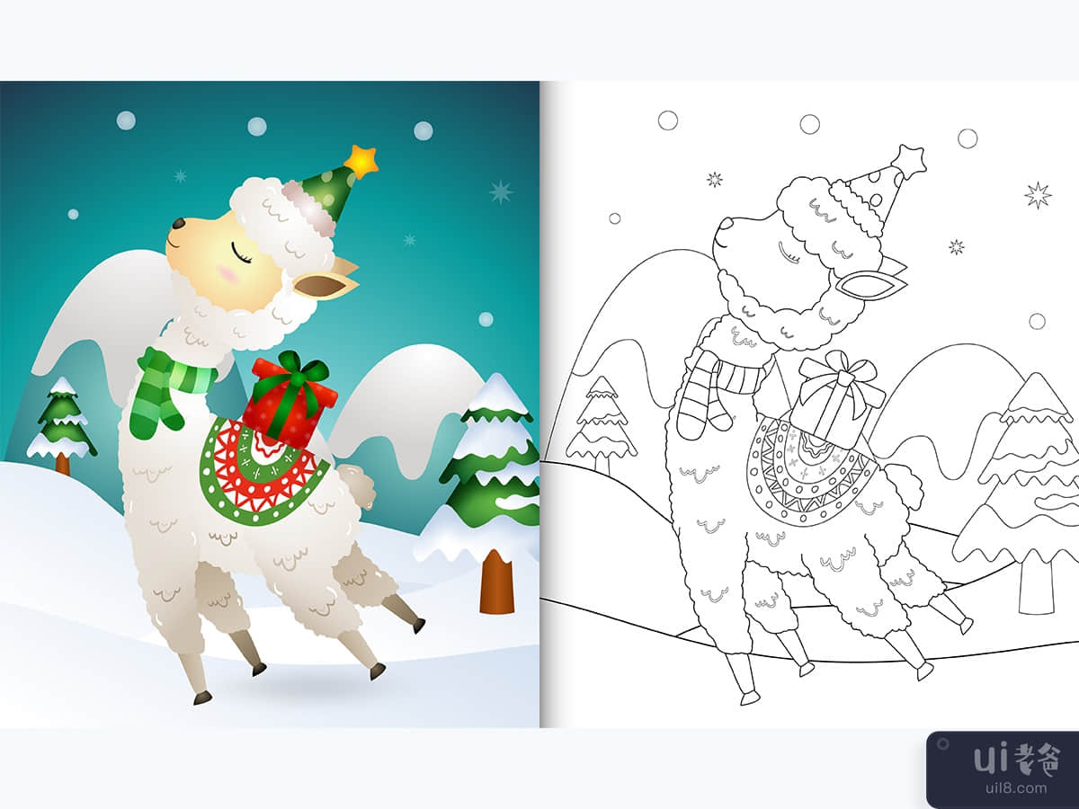 coloring book with a cute alpaca christmas characters