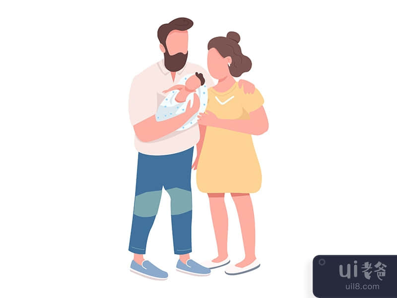 Couple holding newborn baby semi flat color vector characters