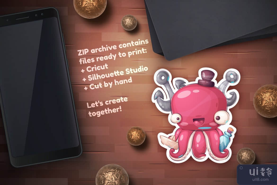 幼稚的卡通人物贴纸八达通(Childish Cartoon Character Sticker Octopus)插图2