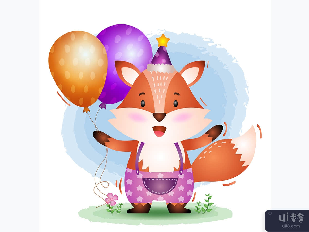 a cute fox using birthday hat and holds balloon
