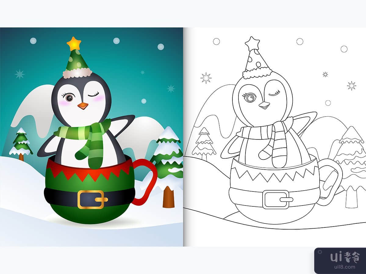 coloring book with a cute penguin christmas characters  in the elf cup
