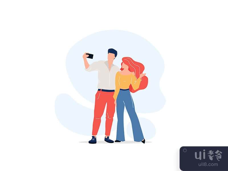 Couple taking selfie flat color vector faceless characters