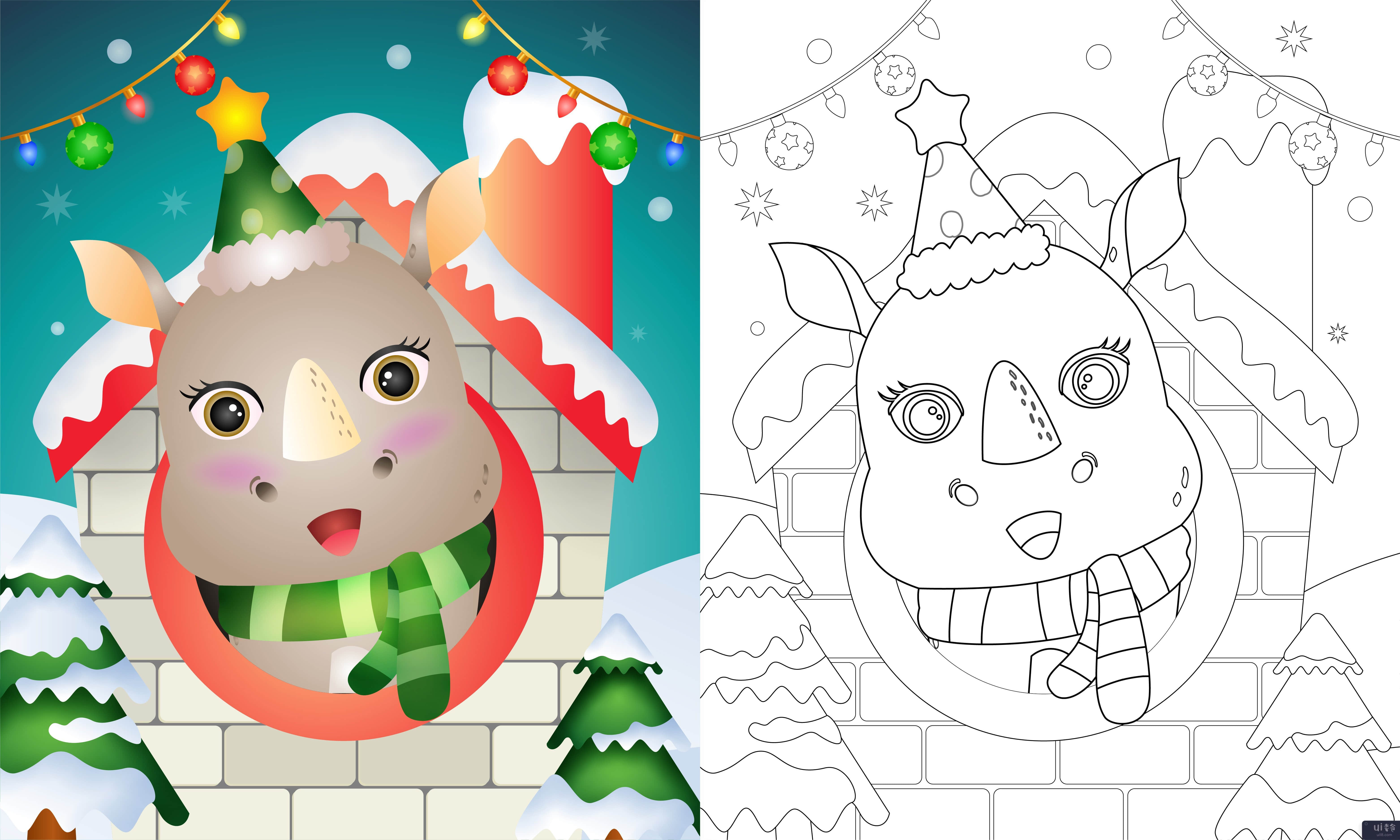 用帽子和围巾为可爱的犀牛圣诞人物着色书(coloring book with a cute rhino christmas characters using hat and scarf)插图2