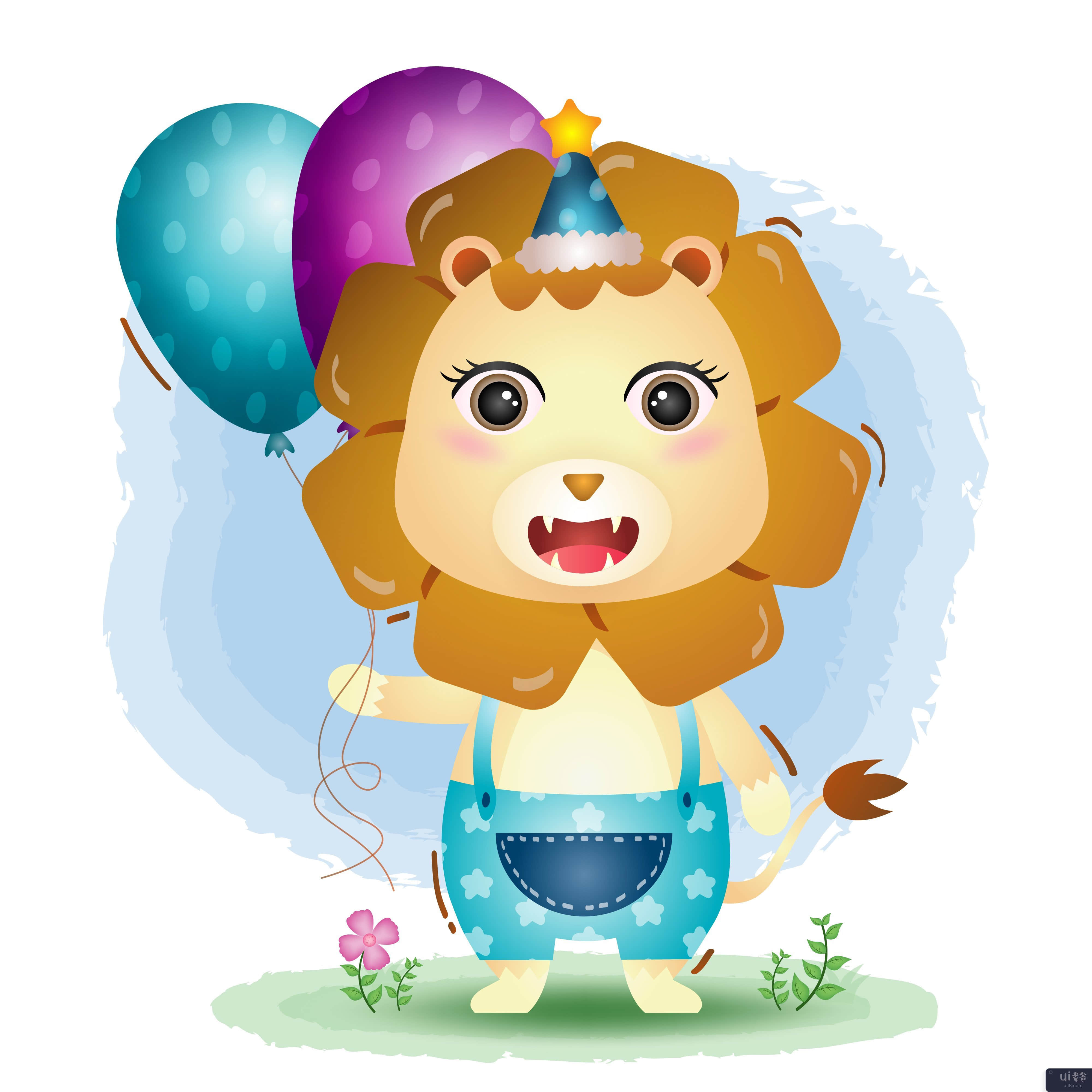 一只可爱的狮子，戴着生日帽，拿着气球(a cute lion using birthday hat and holds balloon)插图2