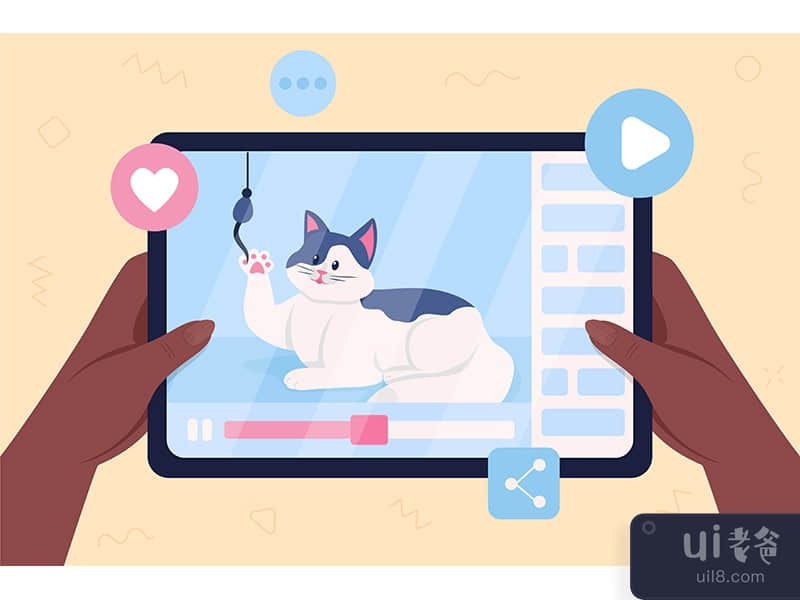 Cat video flat color vector illustration