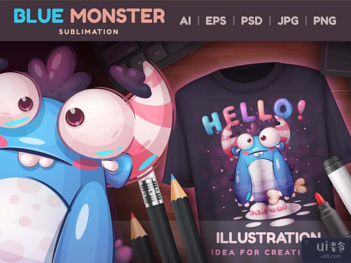 Cute Blue Monster Childish Cartoon Character Illustration