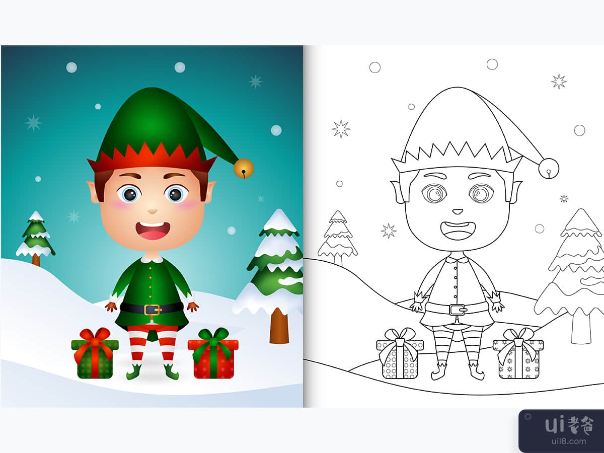 涂色书，上面有一个可爱的男孩精灵圣诞人物和一袋礼物(coloring book with a cute boy elf christmas characters with a sack of gifts)插图2
