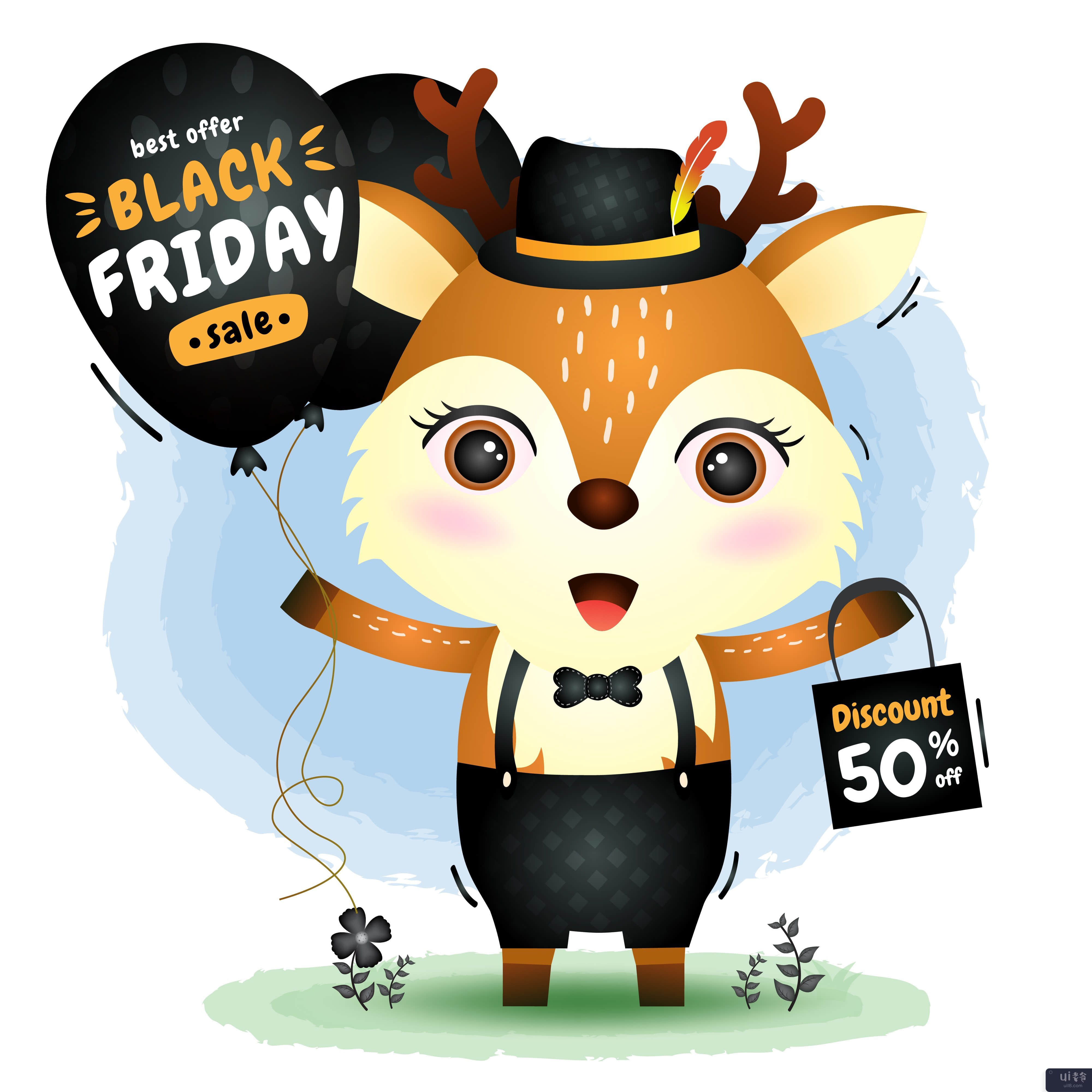 黑色星期五促销活动，提供可爱的鹿气球促销(Black friday sale with a cute deer hold balloon promotion)插图2