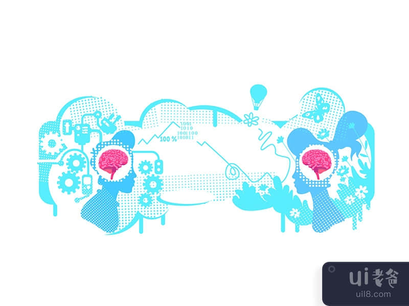 Creative and technical thinking flat concept vector illustration