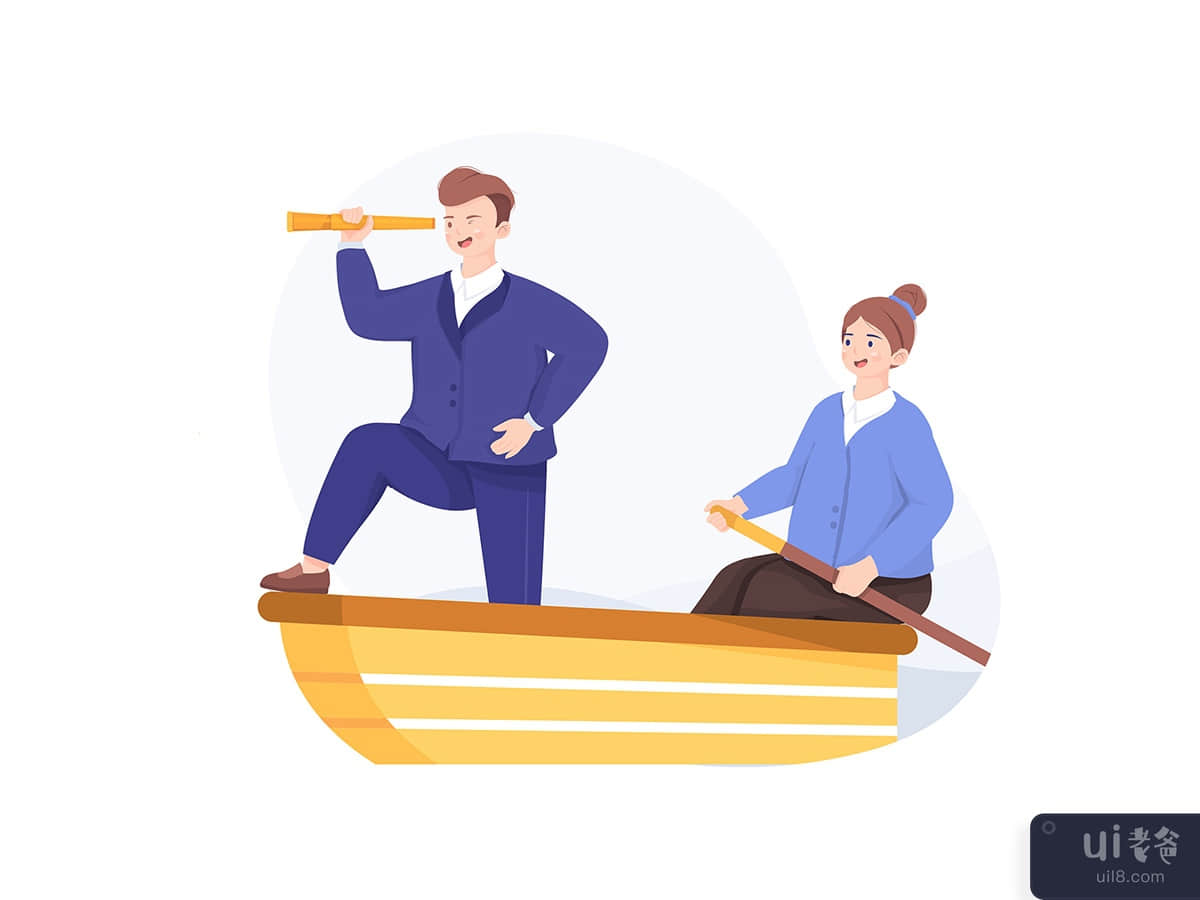Business man and woman sailing on boat together. 