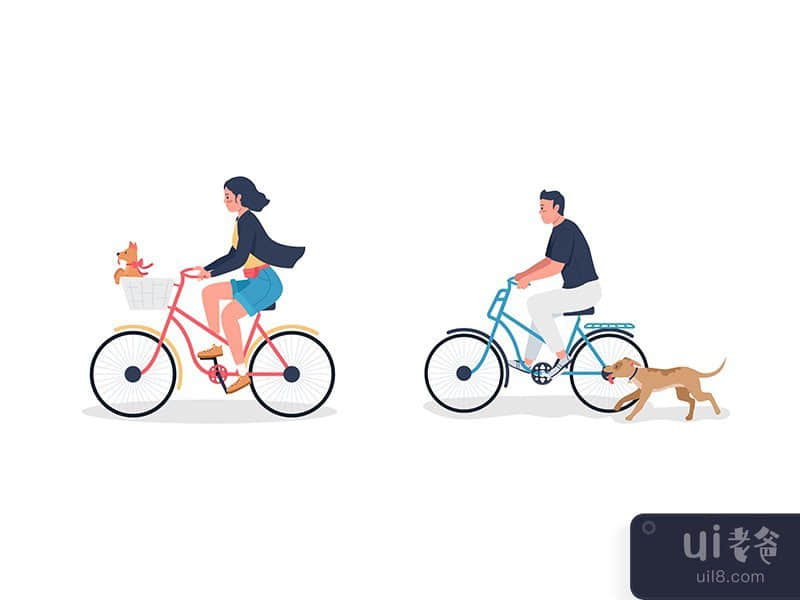 Caucasian man and woman on bicycle with dogs flat color vector 