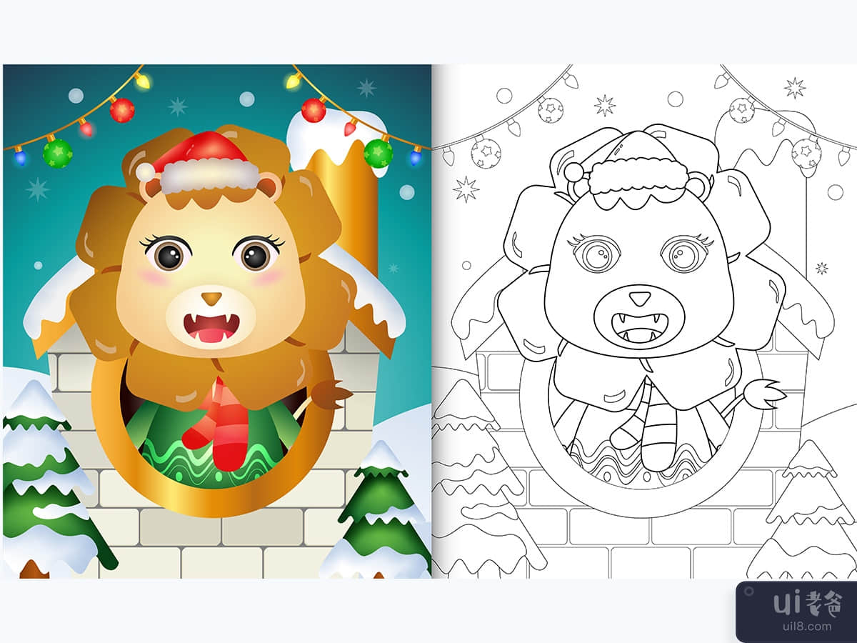 coloring book with a cute lion christmas characters using santa hat and scarf 