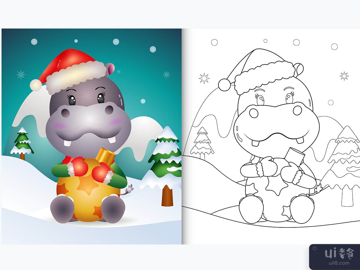 coloring book with a cute hippo hug christmas ball