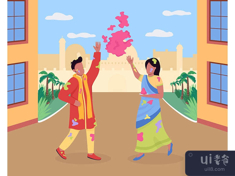 Celebrating Holi festival flat color vector illustration