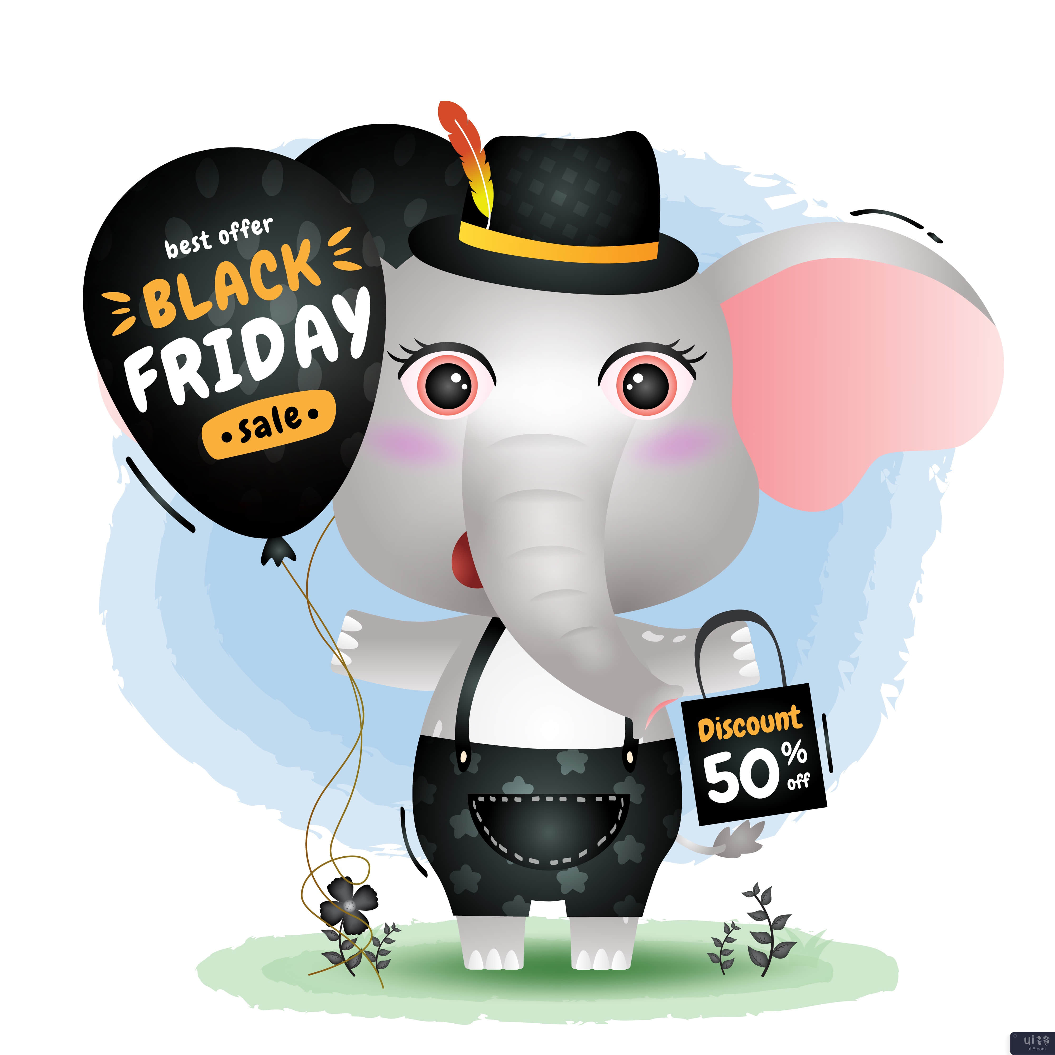 黑色星期五销售与可爱的大象举行气球促销(Black friday sale with a cute elephant hold balloon promotion)插图2