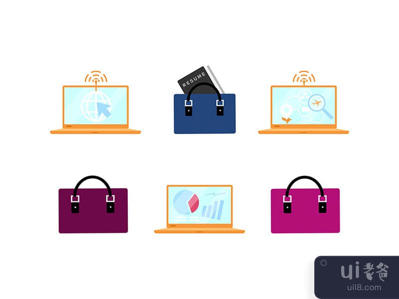 Business accessories and laptops flat color vector objects set