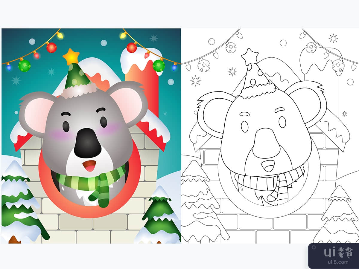 coloring book with a cute koala christmas characters using hat and scarf