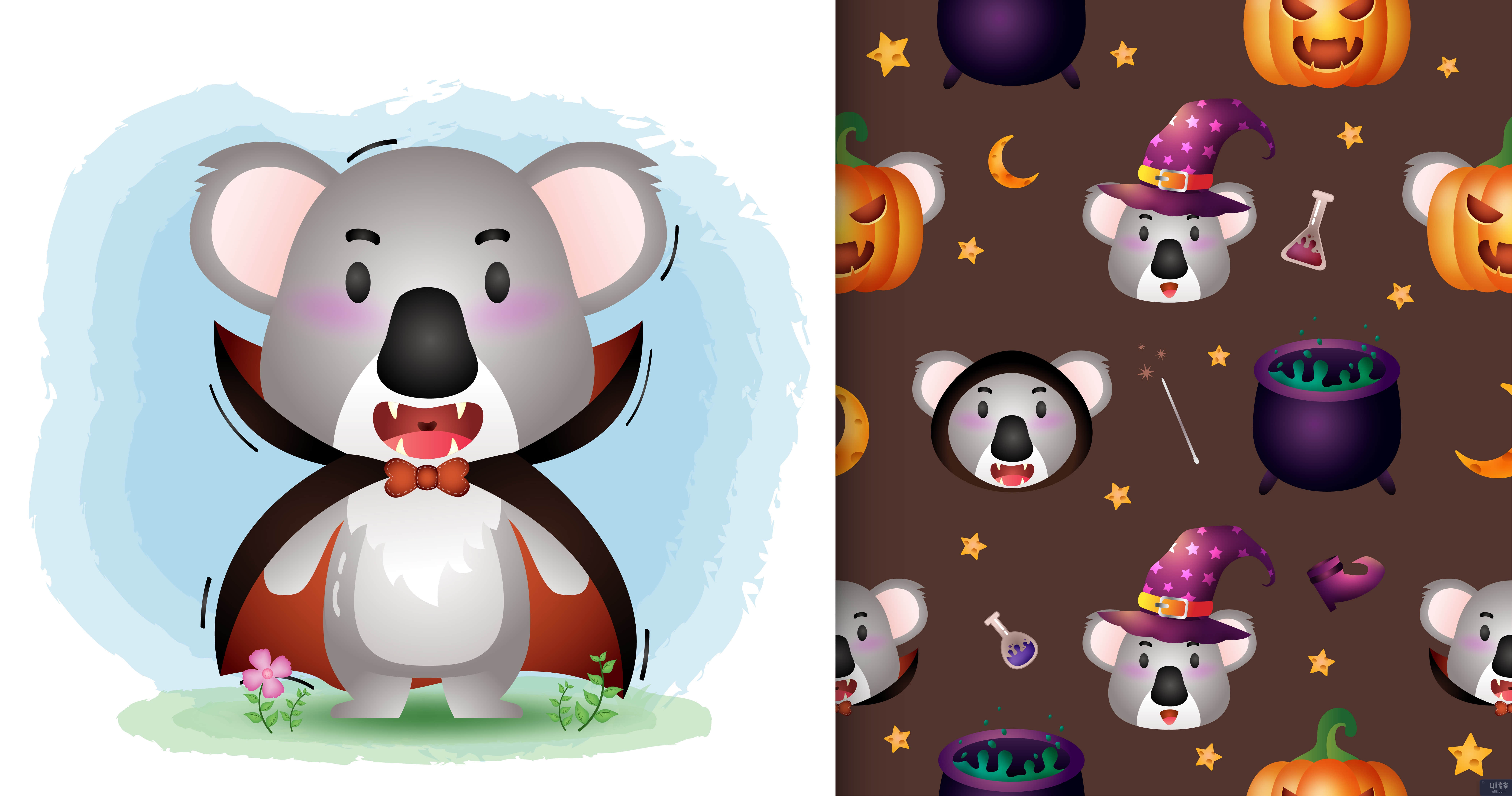 一只可爱的考拉，穿着德古拉服装万圣节人物无缝图案(a cute koala with dracula costume halloween character seamless pattern)插图2