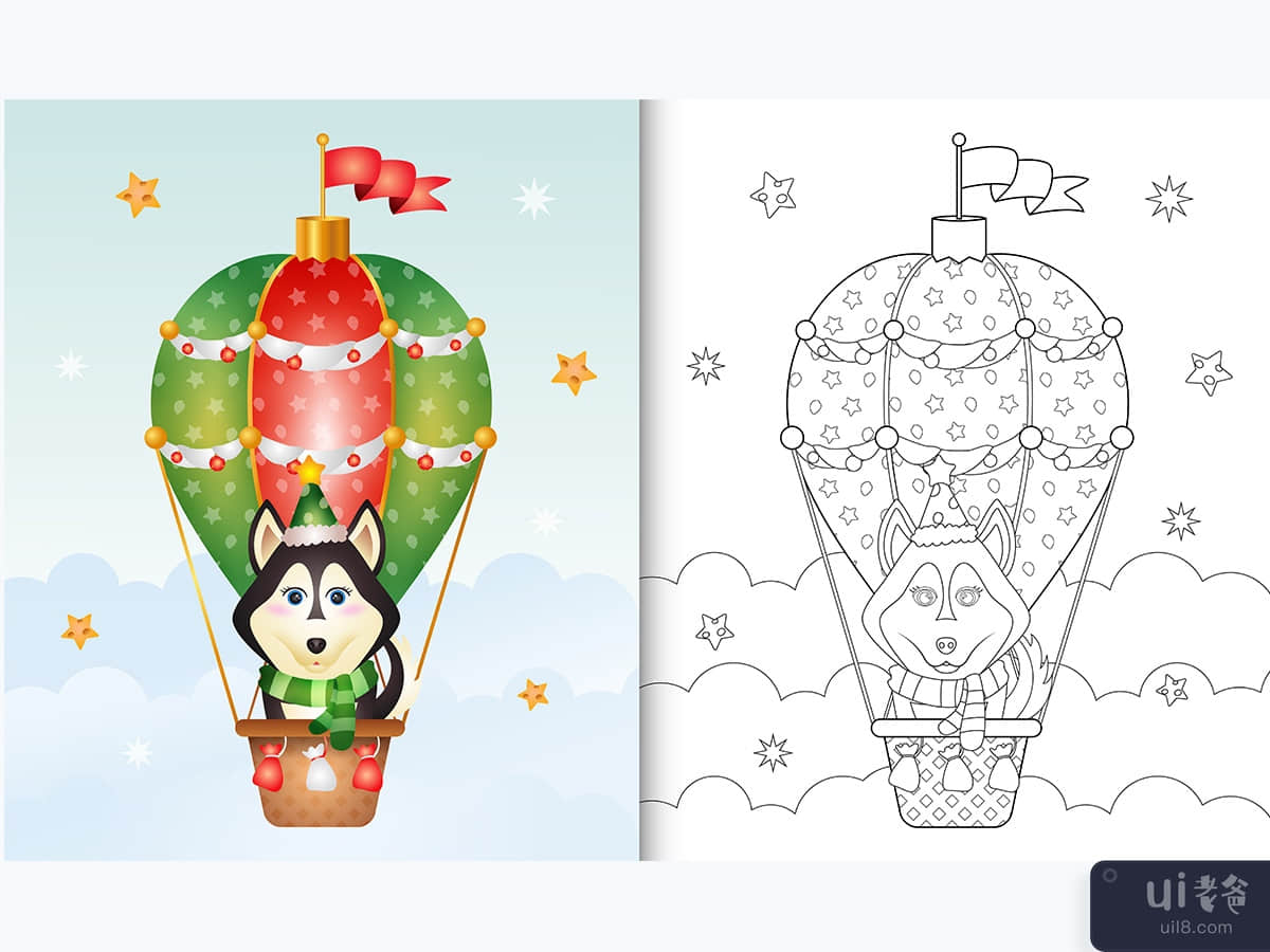 coloring book with a cute husky dog christmas characters on hot air balloon