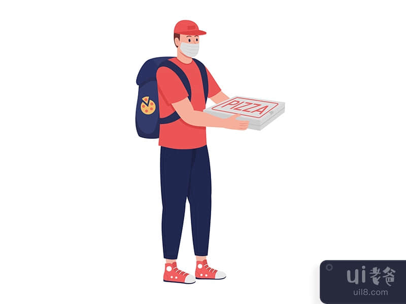 Courier in mask with pizza semi flat color vector character