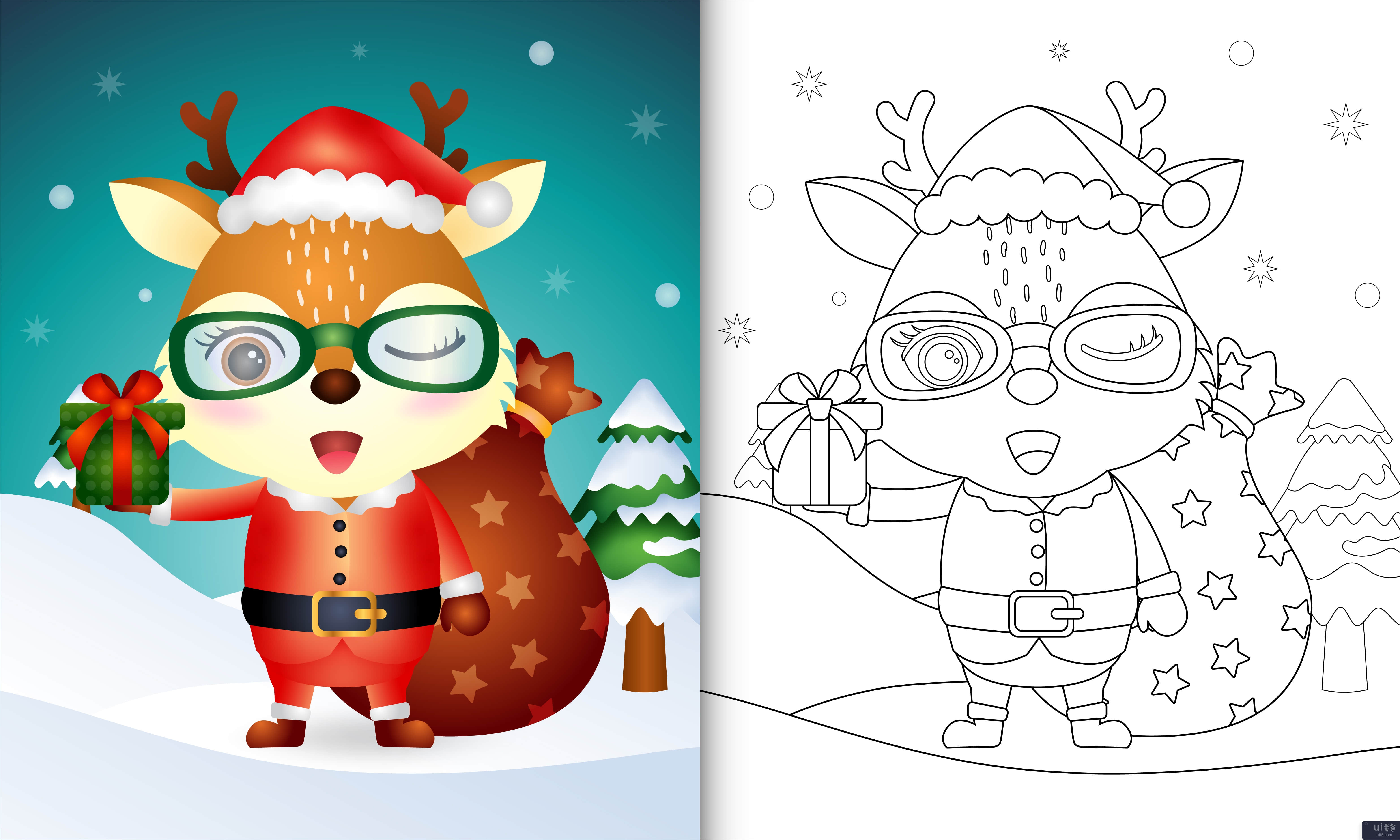 使用圣诞老人服装的可爱鹿着色书(coloring book with a cute deer using santa clause costume)插图2