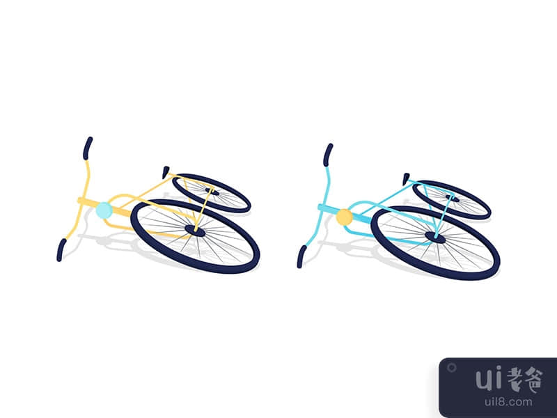 Bicycles lying on ground semi flat color vector objects set