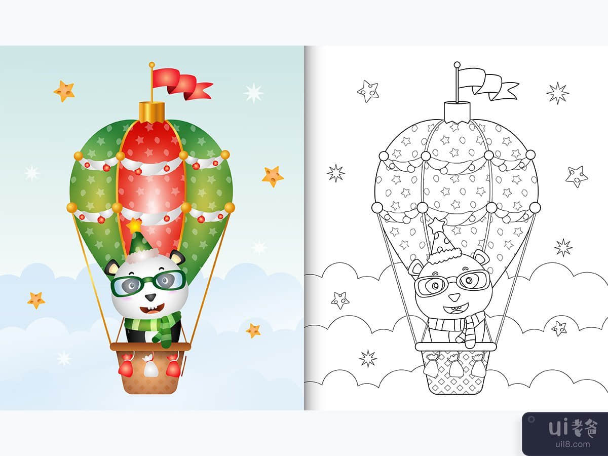 热气球上带有可爱熊猫圣诞人物的着色书(coloring book with a cute panda christmas characters on hot air balloon)插图2