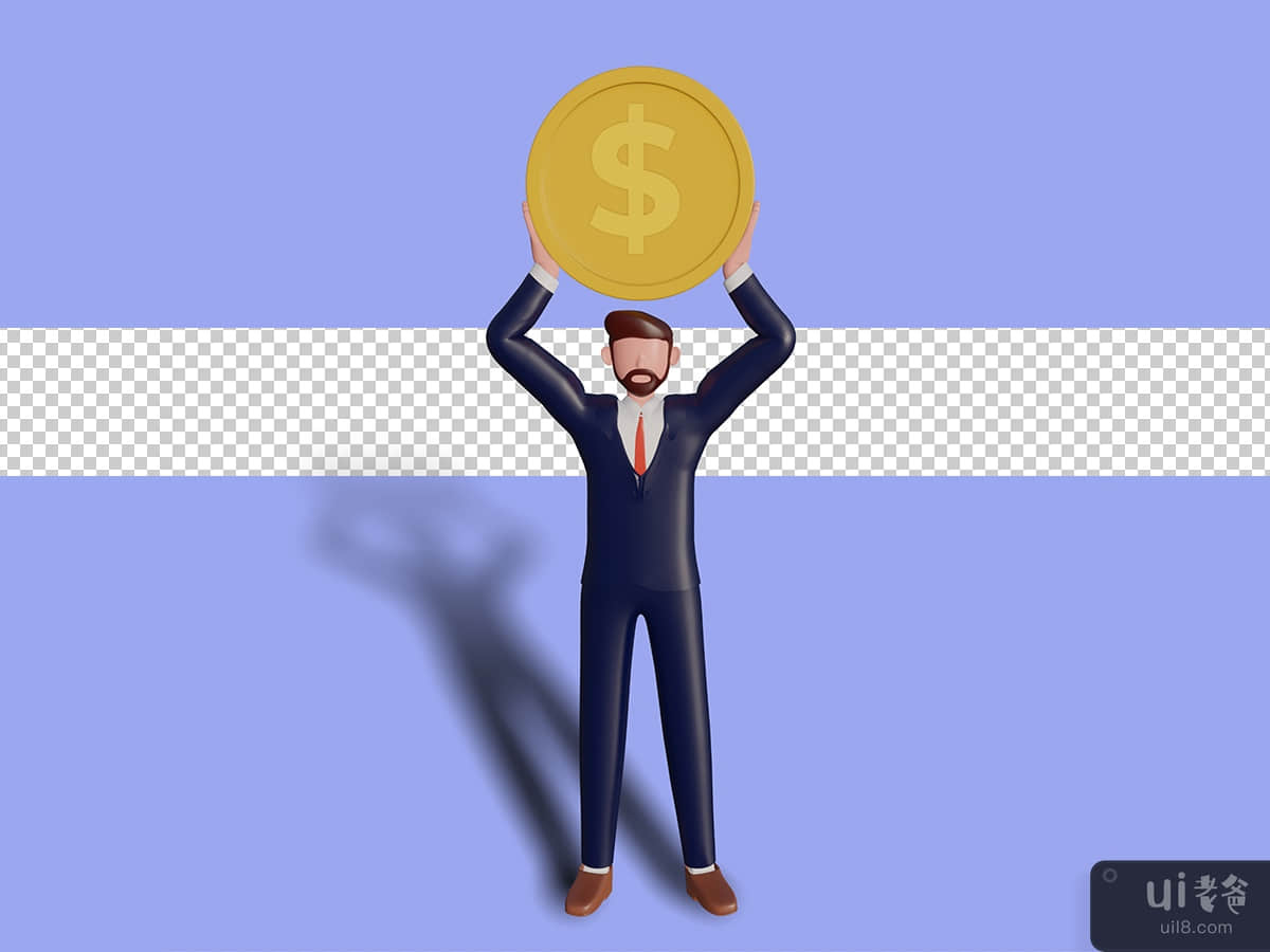 3d male character holding up a coin. Psd Premium