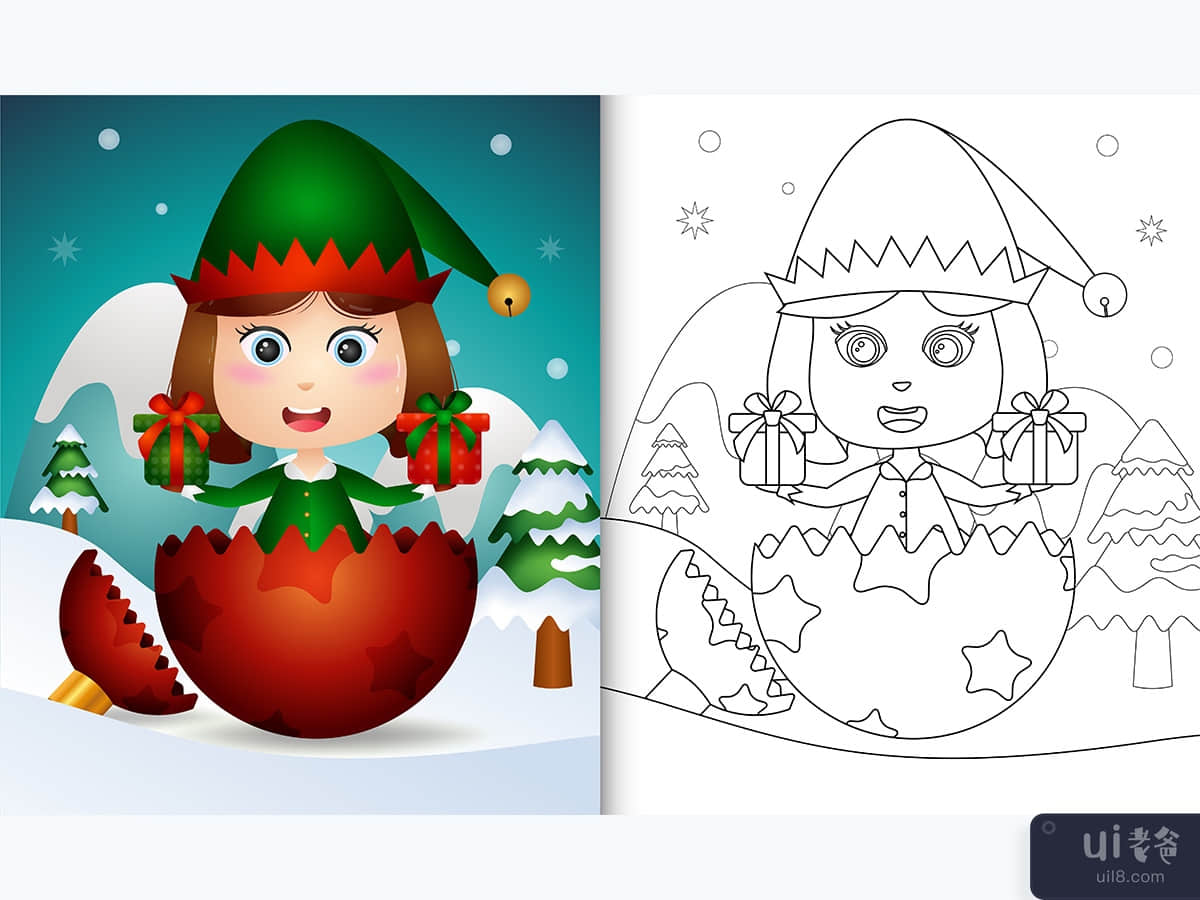 coloring for kids with a cute elf girl in christmas ball