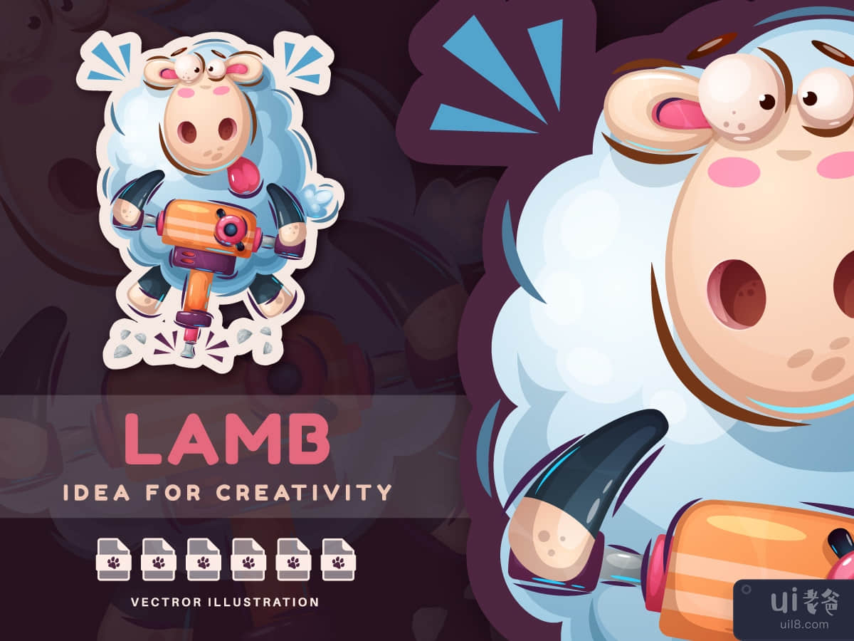 Crazy lamb working with jackhammer - cute sticker