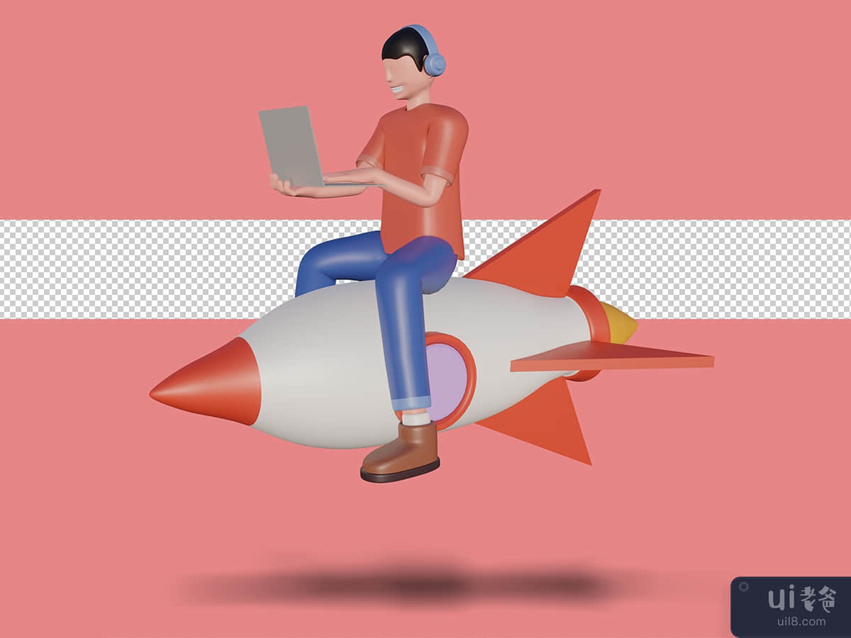 3d Illustration of Remote Working Scenes Graphic on rocket 