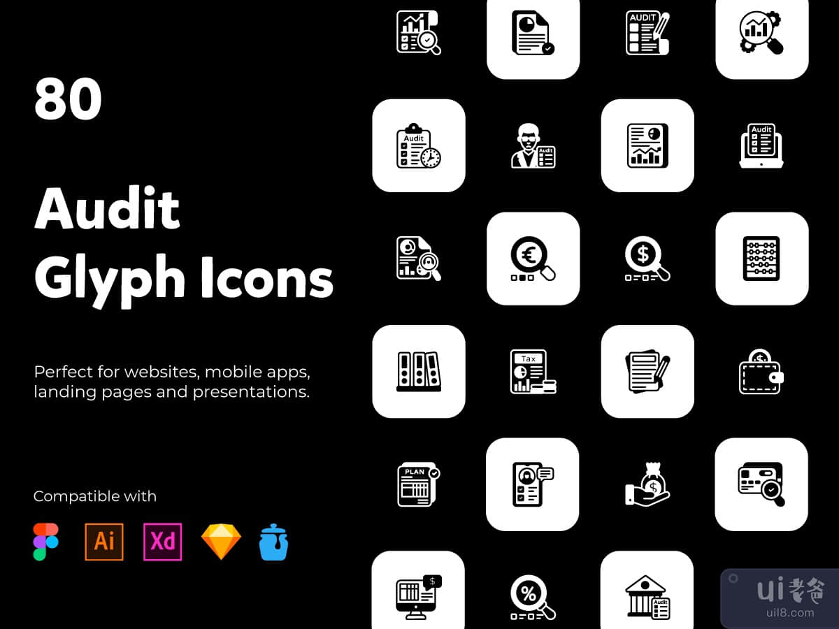 80 Audit Solid Style Icons. 