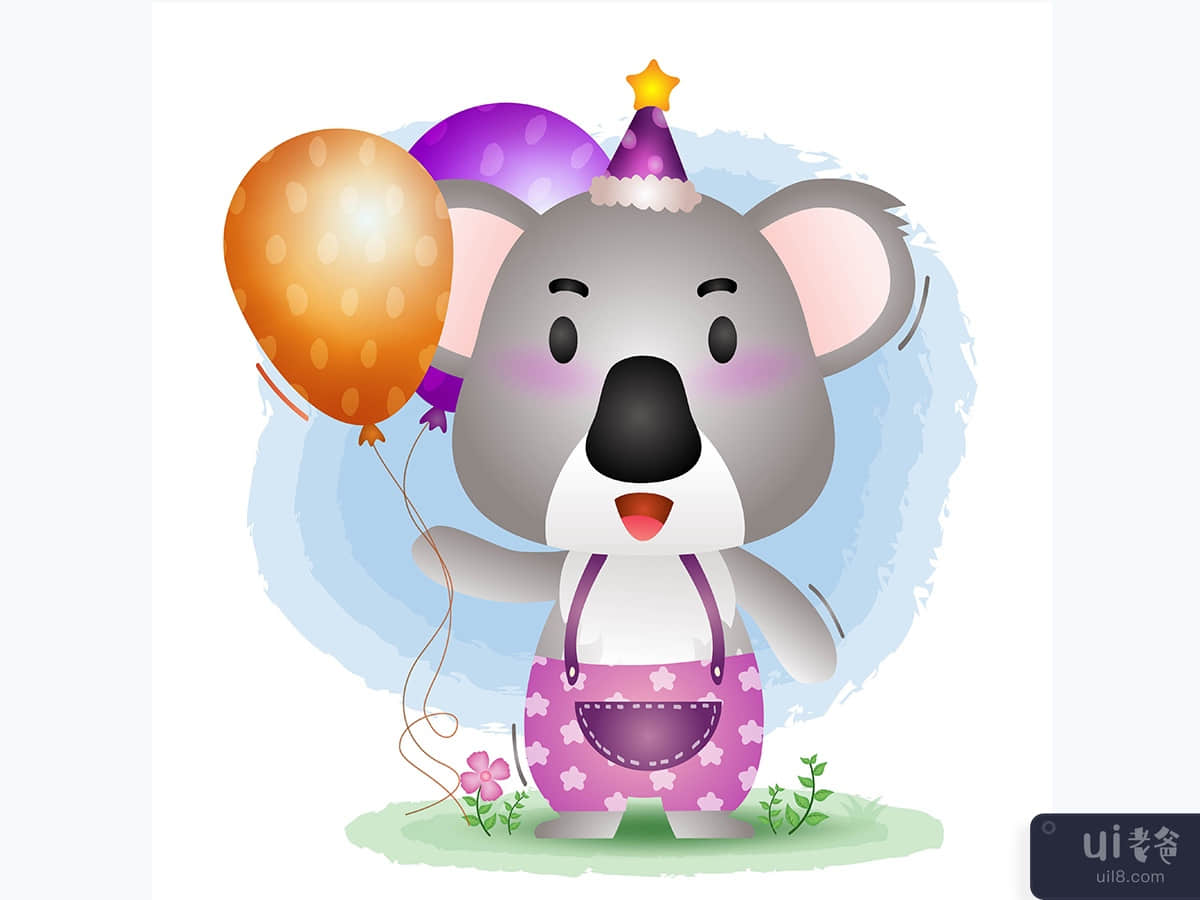 a cute koala using birthday hat and holds balloon